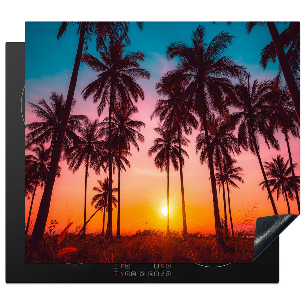 KitchenYeah Herdabdeckplatte Palme - Sonnenuntergang - Horizont - Strand - Orange - Rosa , 58x51cm, Küche Deko, Glaskeramikkochfeld Herdabdeckun...