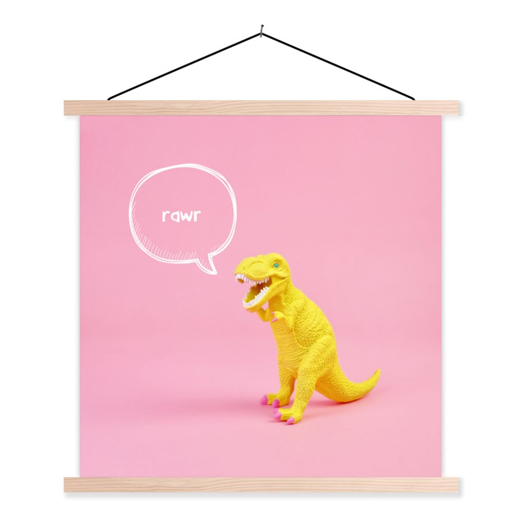 MuchoWow Textilposter Dinosaurier - Gelb - Zitate 120x120 cm mit holzfarbenen Rahmen - Textil-Poster