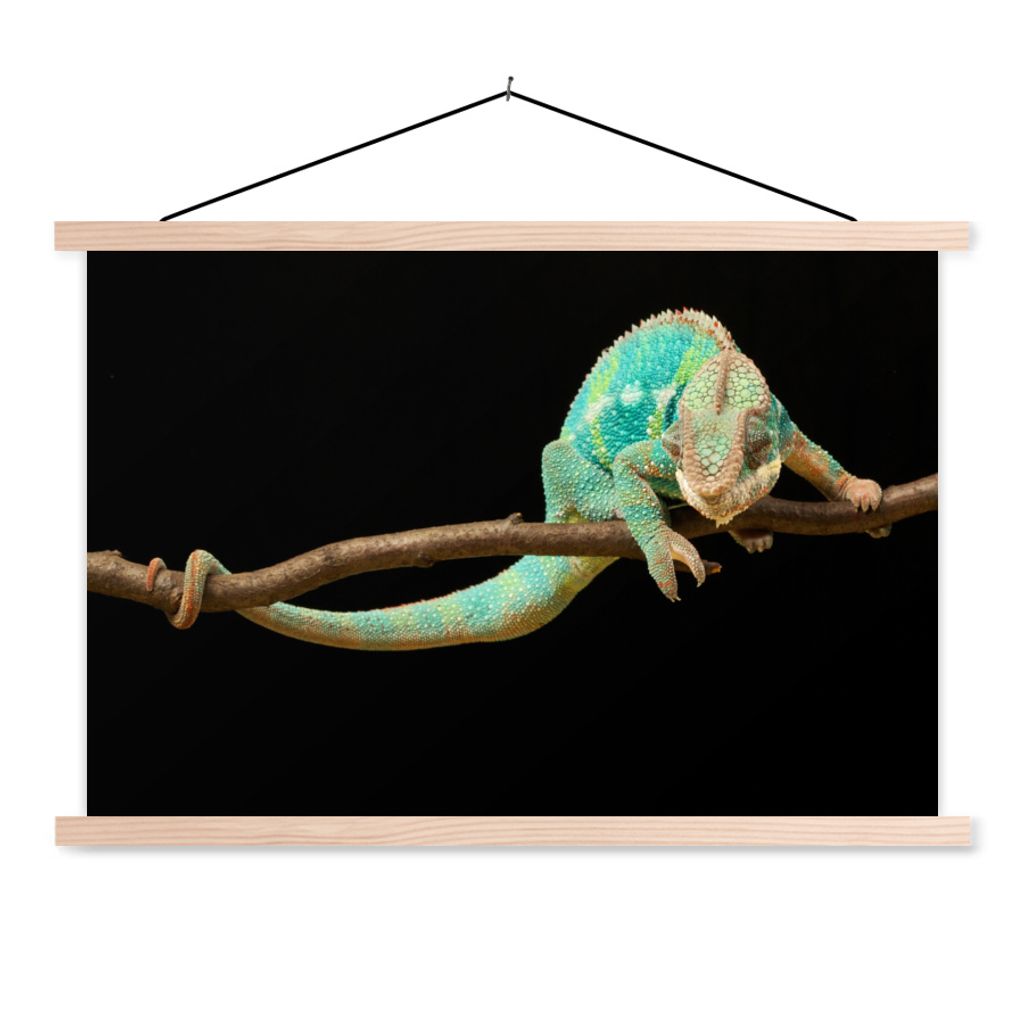 MuchoWow Textilposter Chamäleon - Zweig - Pastell 150x100 cm mit holzfarbenen Rahmen - Posters