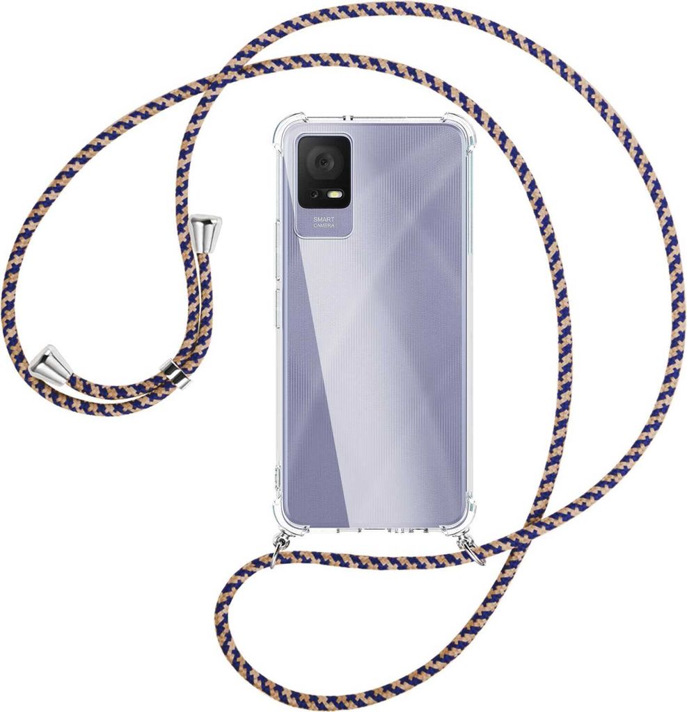 Handykette Backcover-Schutzhülle mit Band (Metall silberfarben) für TCL 405 (T506D, 6.6'') - blau+beige