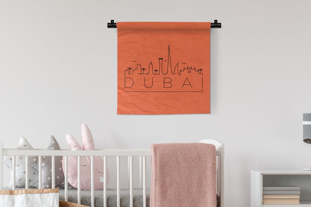 MuchoWow Wandteppich Wandbehang Skyline "Dubai" schwarz auf orange 60x60 cm Tapisserie Dekoration Wandtuch - Dekorationen - Wand Decke