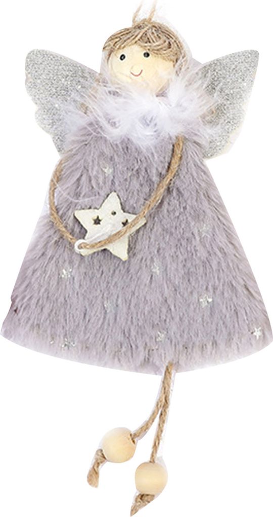 Hängende Engelpuppe, Weihnachtsbaum, Plüschengel-Anhänger, pelziger Rock, Engel mit Glitzerflügeln für Weihnachtsfeier, Neujahrsdekoration, grau