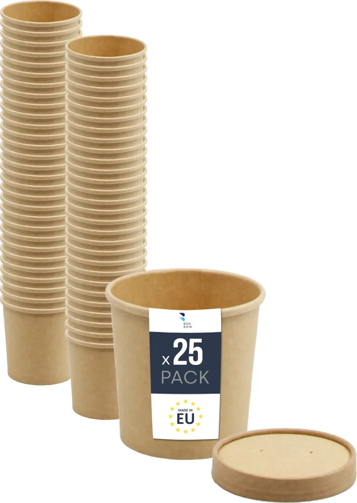 Packaging Sostenibile BenBow: 25 Contenitori Kraft 350ml con Tappo