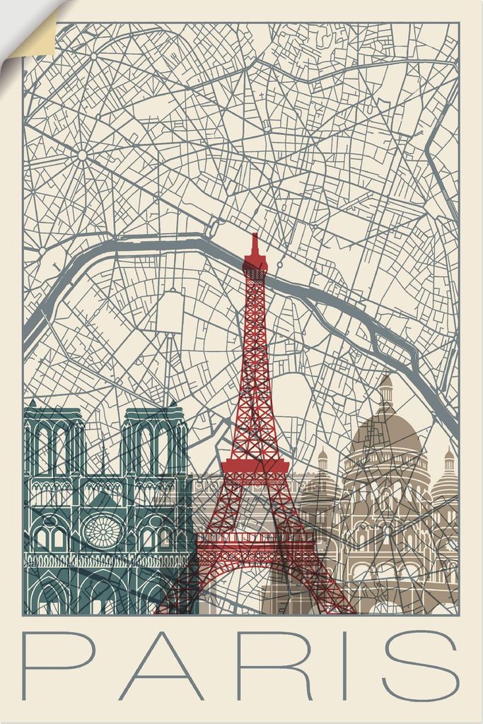 ARTland Wandbild, selbstklebend Retro Karte Paris Frankreich und Skyline Größe: 60x90 cm