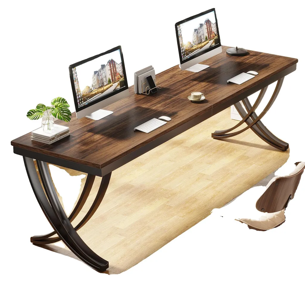 Bureau d'ordinateur pour télétravail 200x75 cm marron, setup multi-écrans