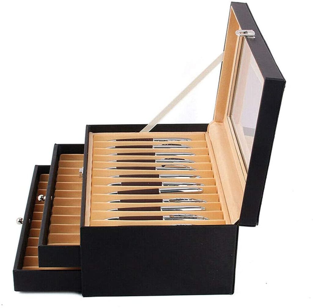 Schwar Holz Stifte Vitrinen Box Display Für 34 Füller Kugelschreiber Federhalter 