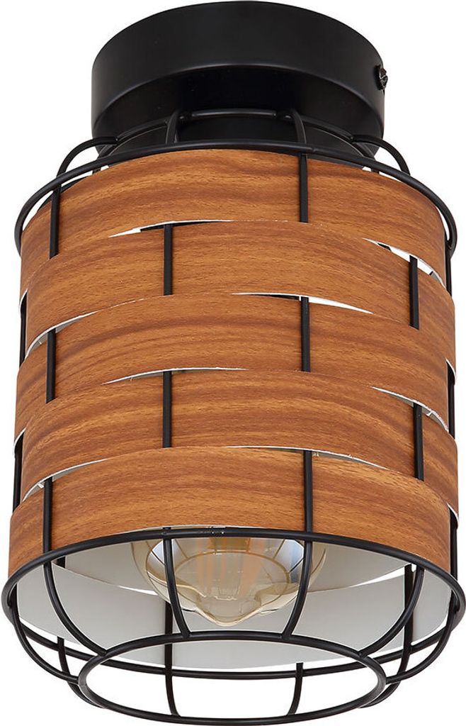 2er Deckenleuchte, Käfig-Design, Holzoptik, schwarz matt, braun