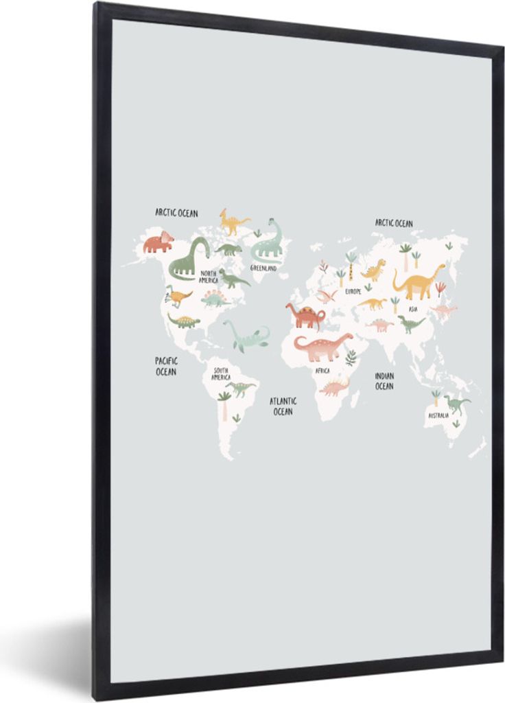 MuchoWow Gerahmtes Poster Weltkarte - Kind - Dino 60x90 cm - Poster mit Schwarzem Bilderrahmen Wandposter Rahmen Foto Bilder - Kunst