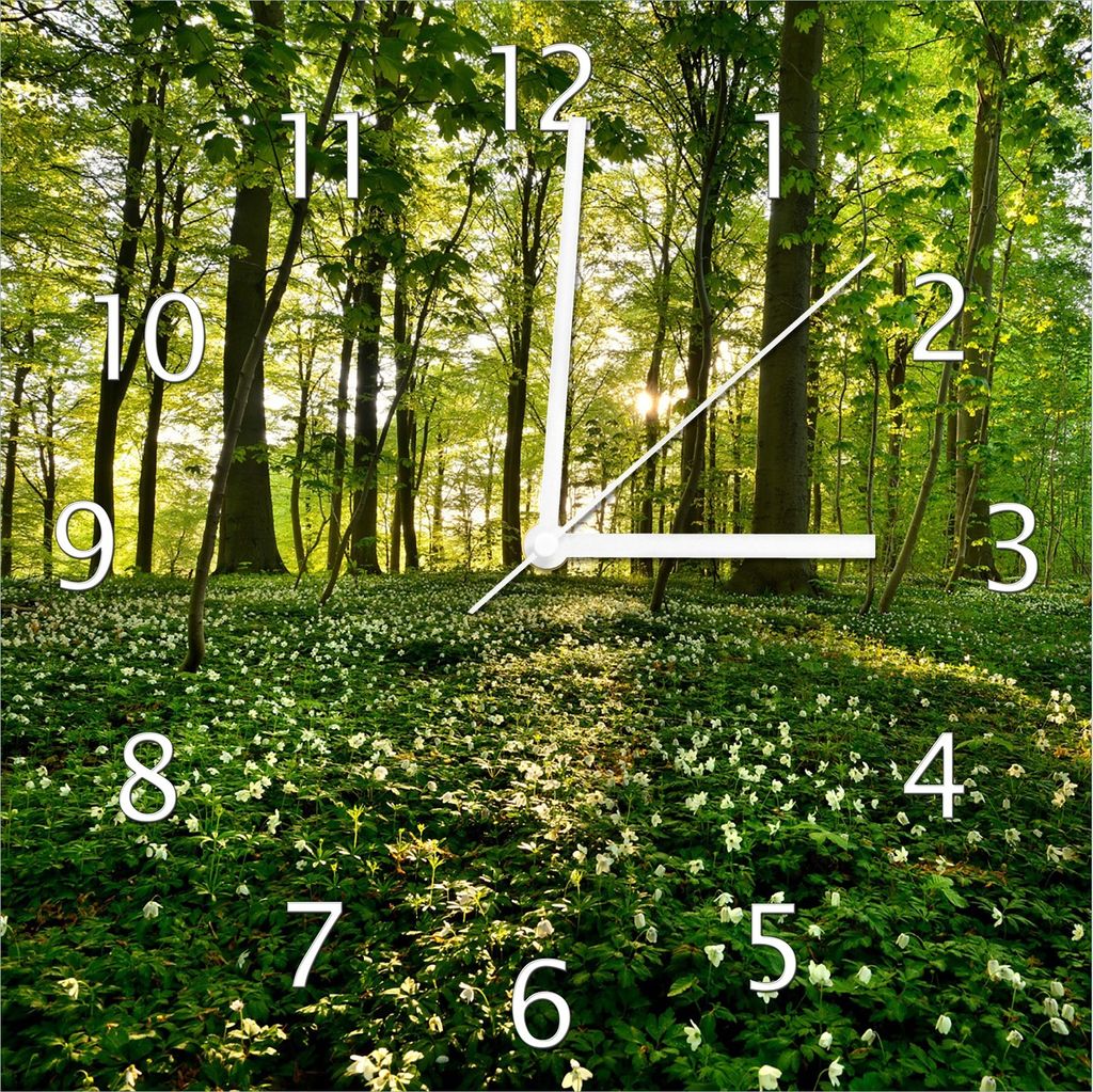 Wallario Design Wanduhr Waldanemonen und Sonnenstrahlen im Wald aus Echtglas, Größe 30 x 30 cm