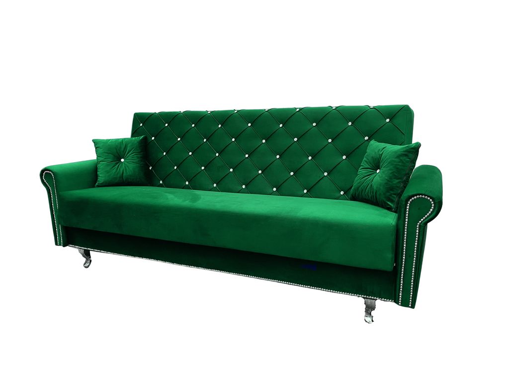 A green sofa displayed against a white background.