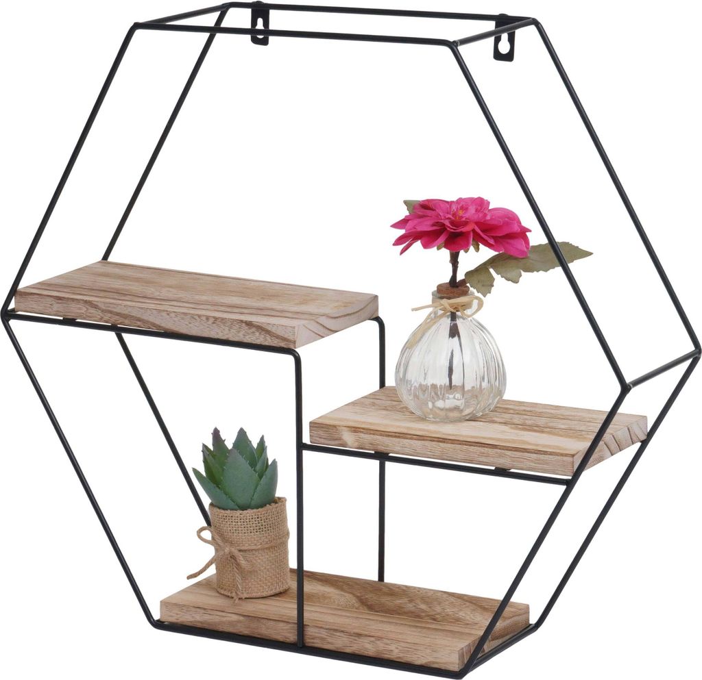 Wandregal HWC-K76, Hängeregal Schweberegal Regal, 3 Regalböden Metall Massiv-Holz Industrial 43x49x11cm natur