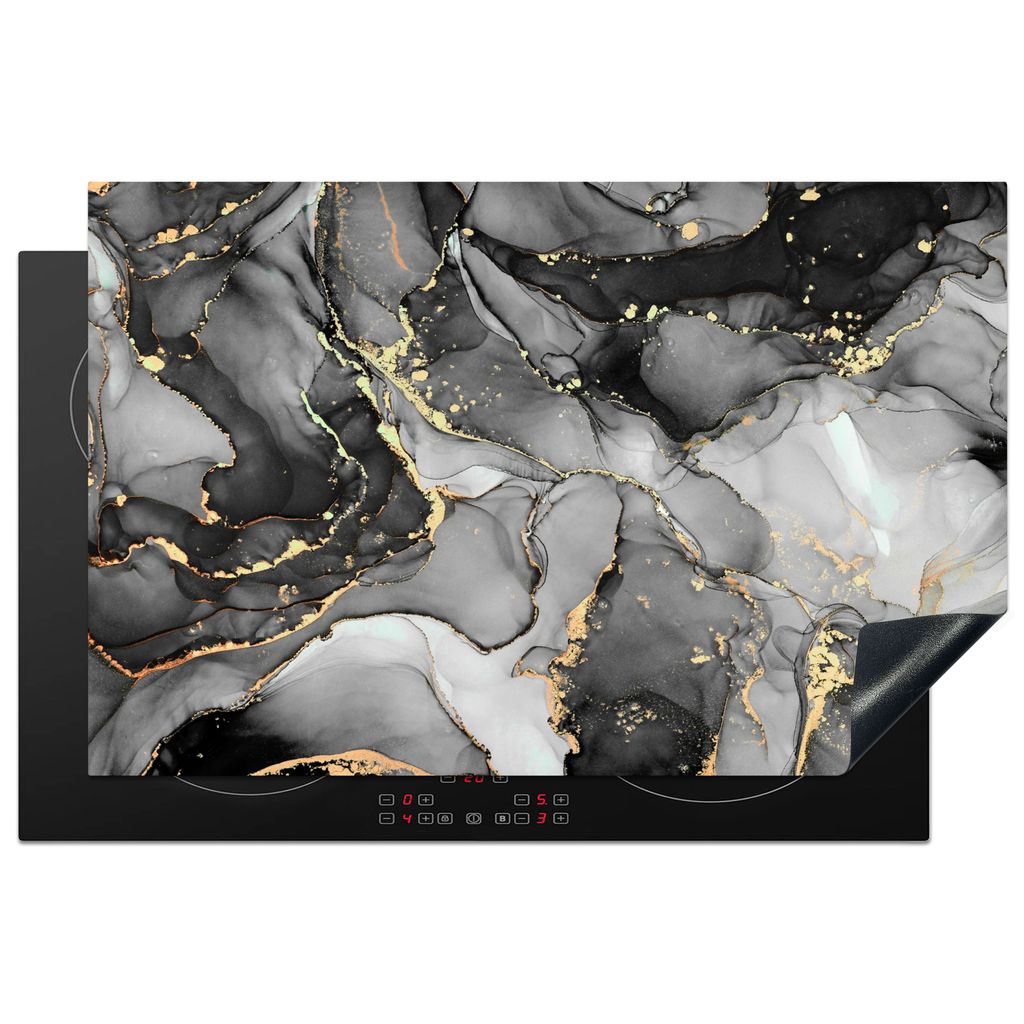 KitchenYeah Herdabdeckplatte Grau - Luxus - Gold - Marmor , 81x52cm, Küche Deko, Glaskeramikkochfeld Herdabdeckung, Abdeckplatte fùr Kochfeld