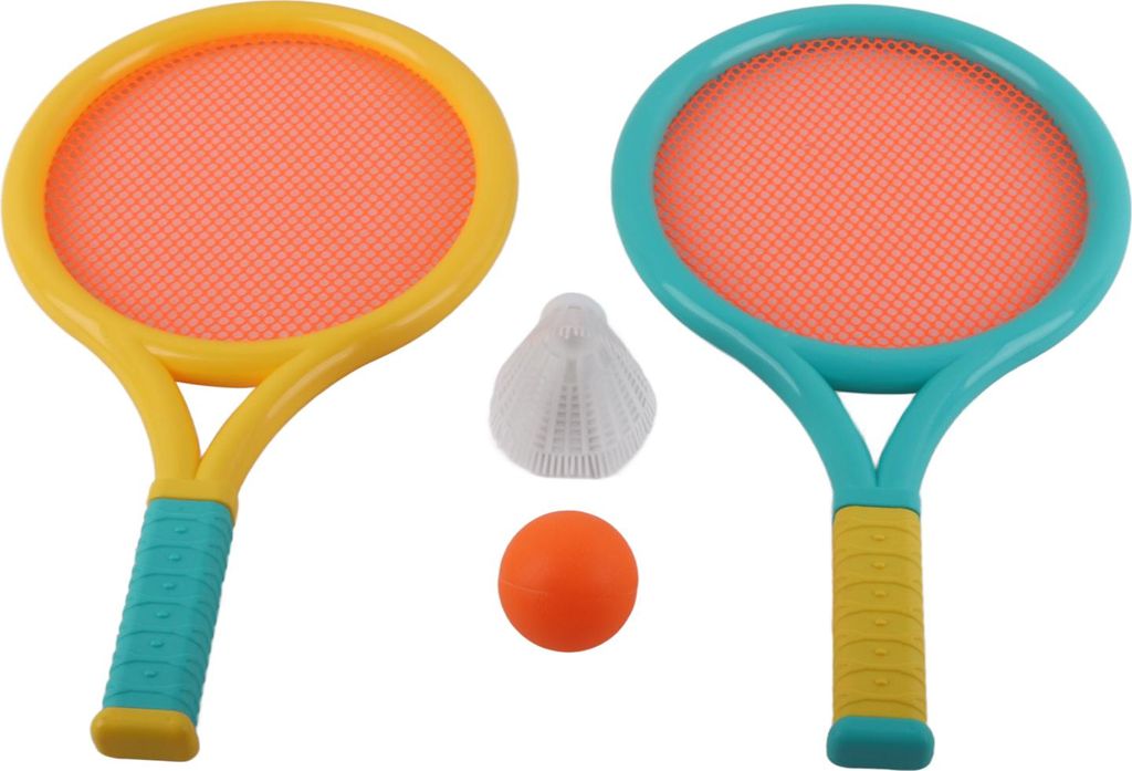 Kinder-Badmintonschläger, rutschfest, langlebig, elastisch, tragbar, Tennis-Set für Kinder, 2 Schlägerbälle, Blau, Gelb