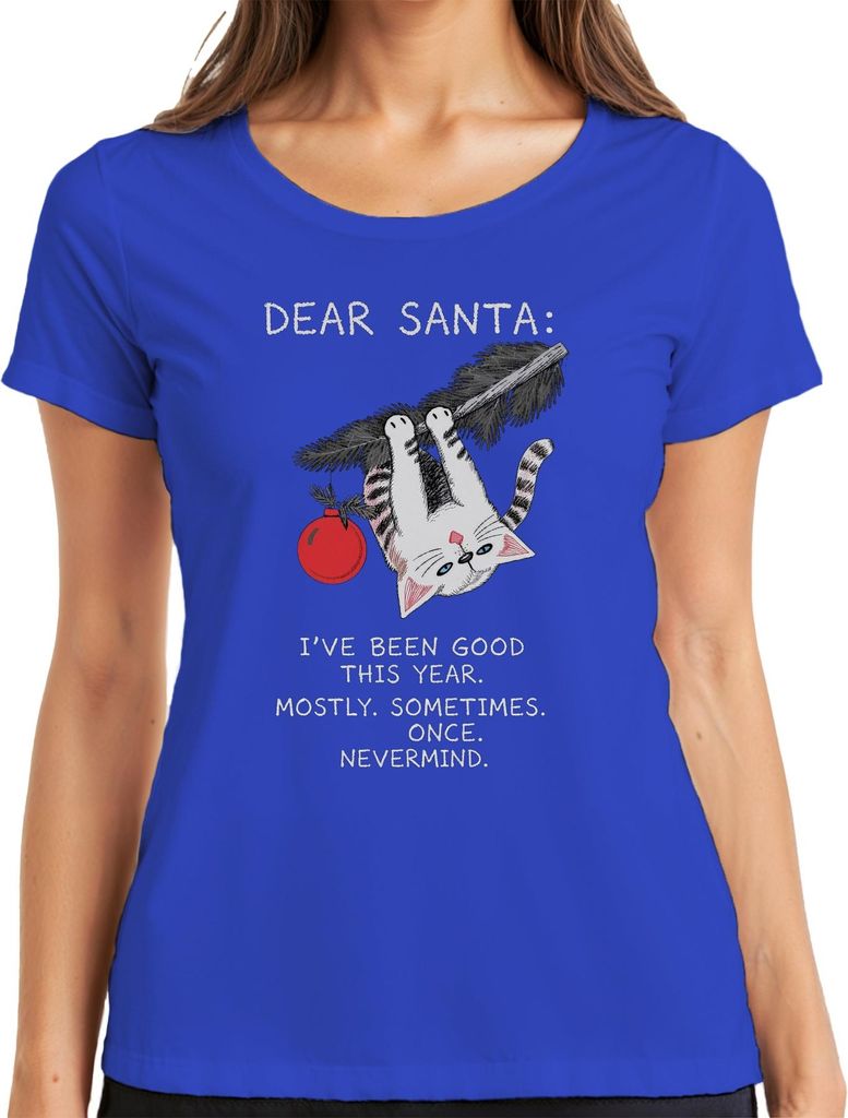 Dear Santa I've been good this year Nevermind Weihnachtskatze Damen T-Shirt, Blau, M