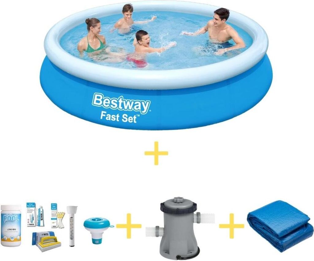 Bestway Pool - Fast Set - 366 x 76 cm - Inklusive WAYS Wartungspaket, Filterpumpe & Bodenplane