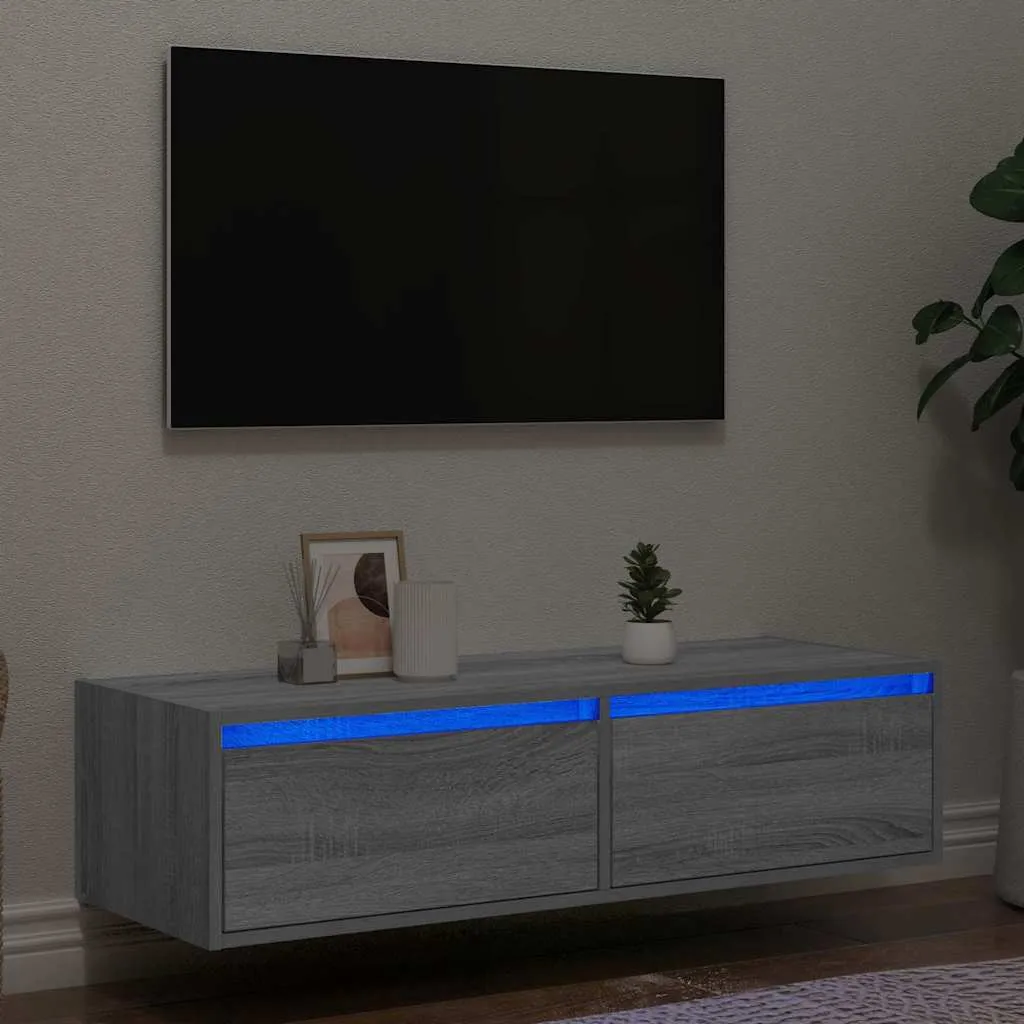 Mobile TV Salvaspazio 100x35,5x25 cm Grigio Sonoma - Luci LED Incluse - 1