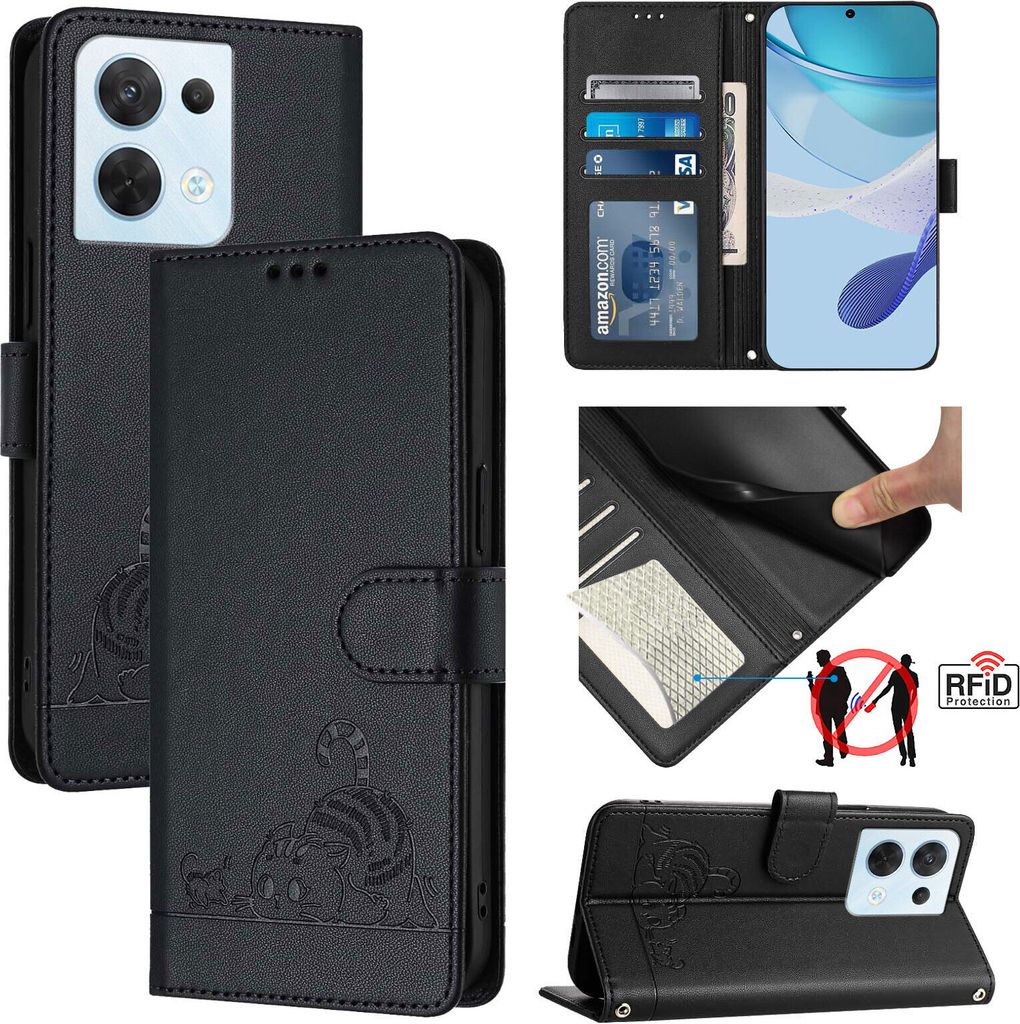 Leder Hülle für Oppo Reno8 Süße Katze Flip Case Brieftasche Schutzhülle mit Standfunktion Schwarz