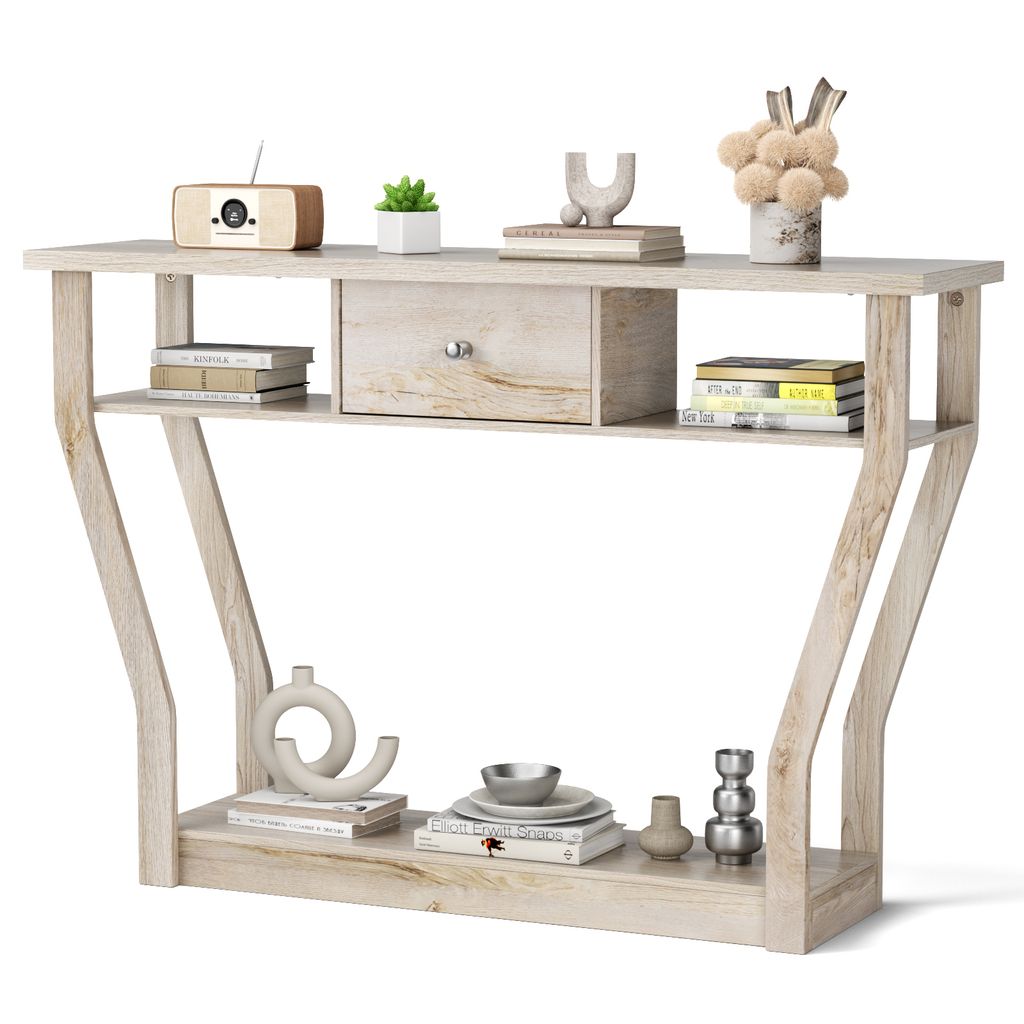GOPLUS Konsolentisch schmal, 120x30x81cm Flurtisch mit Schubladen & Ablagen, Eingangstisch aus Holz bis 30kg belastbar, Beistelltisch für Eingang ...