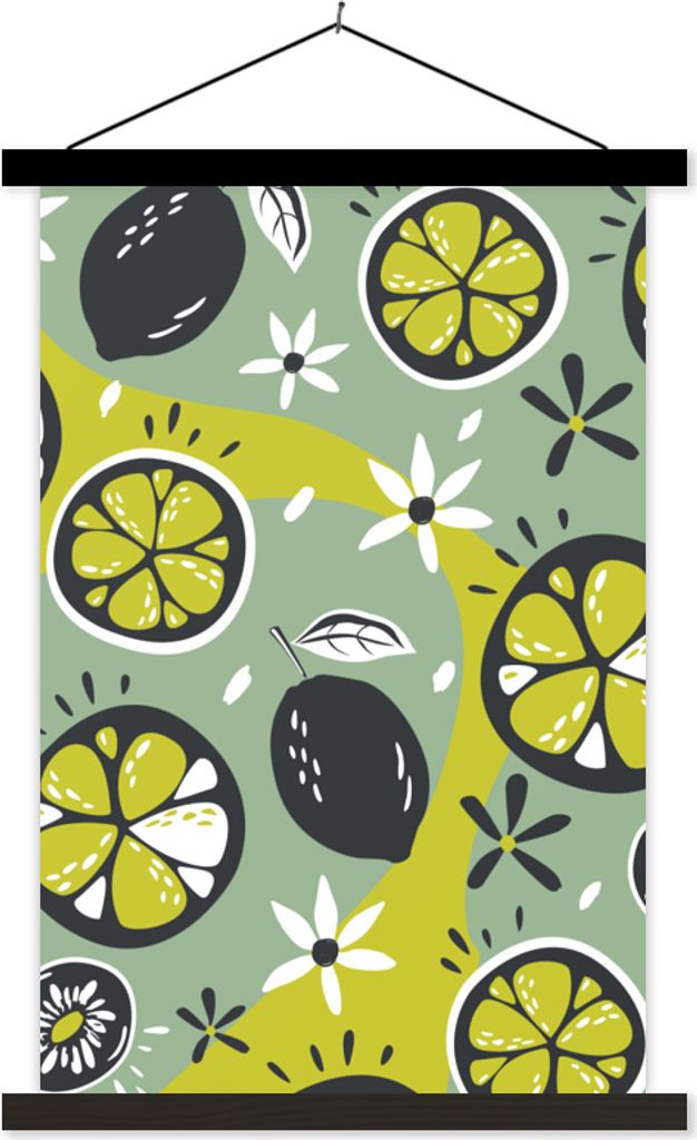 MuchoWow Textilposter Sommer - Obst - Blumen - Grau 120x180 cm mit schwarzem Rahmen - Fotos