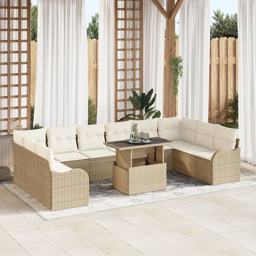 11-teiliges Garten-Sofa-Set mit Kissen Beige Poly Rattan, 2-Personen Garten-Sofa mit Kissen Beige Poly Rattan, Gartensofas DesignMöbel Neu