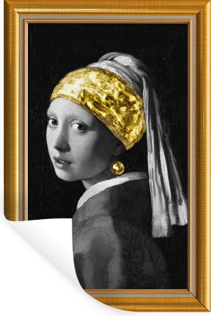 MuchoWow Wandtattoo Wandsticker Wandaufkleber Mädchen mit Perlenohrring - Vermeer - Gold - Rahmen 80x120 cm Selbstklebend und Repositionierbar -...