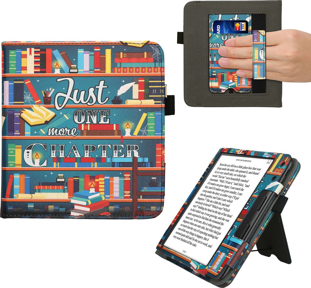 kwmobile Flip Cover kompatibel mit Kobo Kobo Libra Colour / Tolino Vision Color - Hülle mit Handschlaufe Bibliothek Motto Mehrfarbig