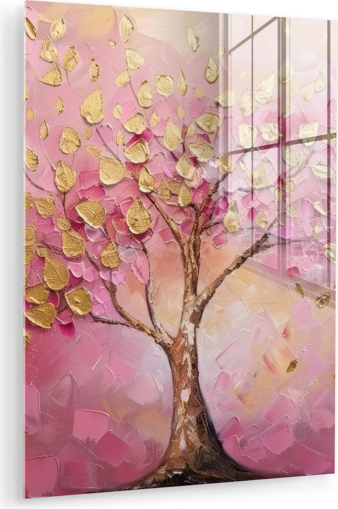MuchoWow Glasbilder - Bilder auf Wandbild - Foto auf Glas Baum - Rosa - Gold - Modern 60x80 cm Wanddekoration aus Glas - Acrylglasbild - Acrylbilde...