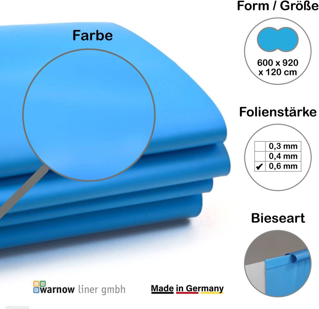 Premium Poolfolie für Achtformpool, 920 cm x 600 cm x 120 cm, Stärke: 0,6 mm, blau, Einhängebiese