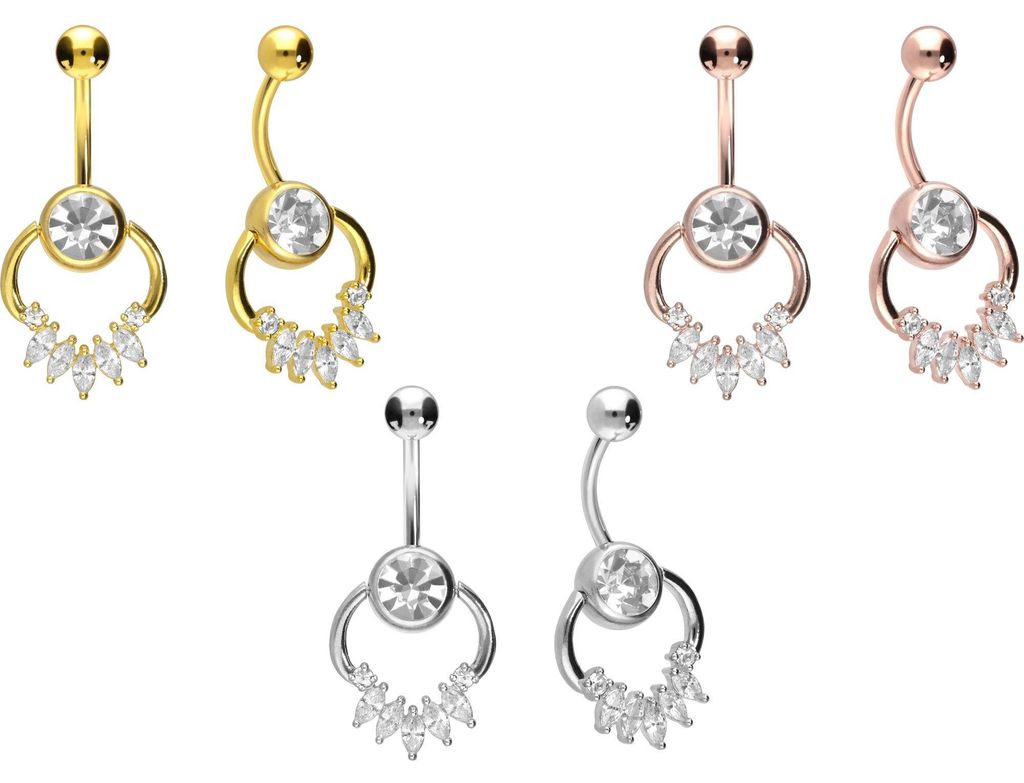 Bauchnabelpiercing Chirurgenstahl Bananabell RING + EINGEFASSTE KRISTALLTROPFEN