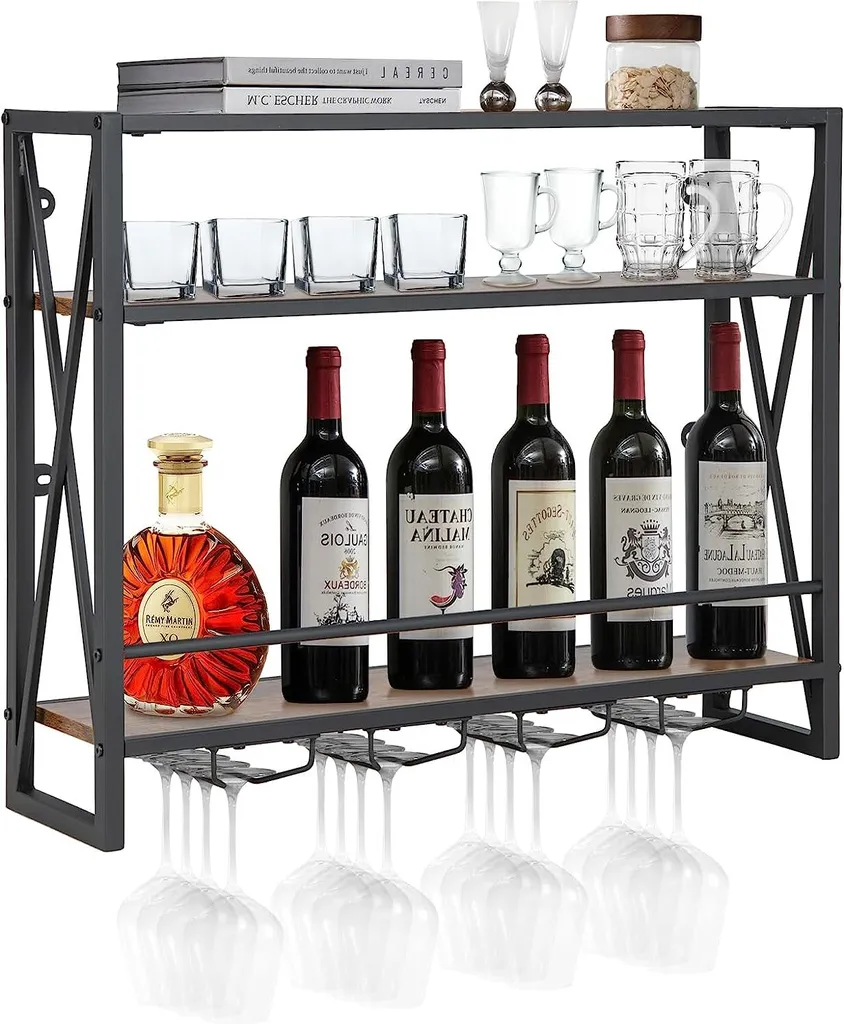 Casier à Bouteilles Design Industriel 3 Étages et Porte-Verres Intégré