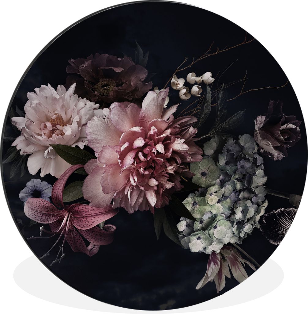 MuchoWow Aluminium Wandkreis Blumen - Vintage - Pastell - Rosa - Weiß Ø 90 cm Wanddeko Modern Wohnzimmer - Mauerkreis - Wandbilder - Runde Bild...