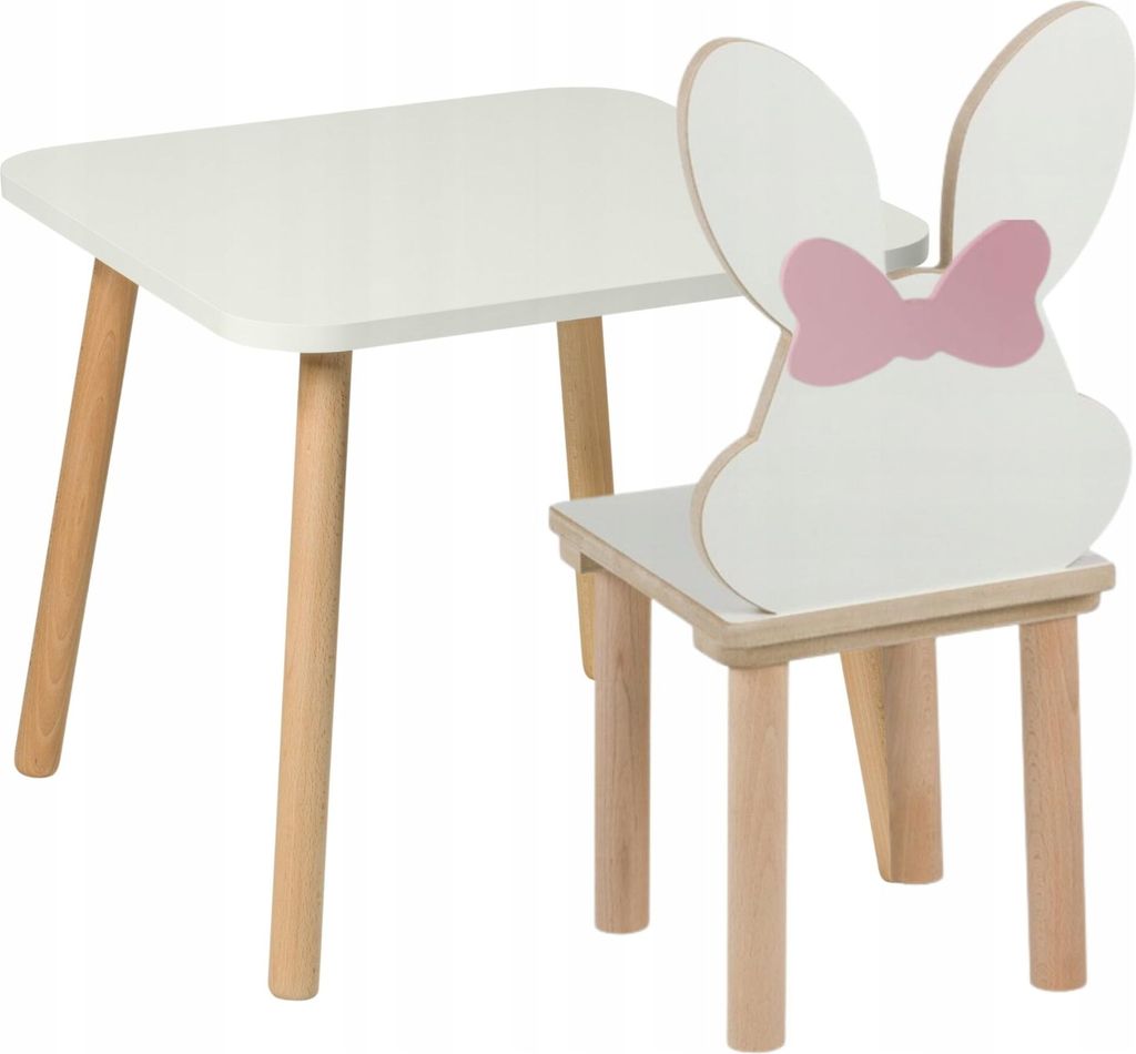 PlayPals Furniture Kindertisch und Kinderstuhl aus Holz, Kaninchen Design mit Schleife, 50 x 50 x 47 cm, Spieltisch Set für Kinderzimmer, Bastelti...