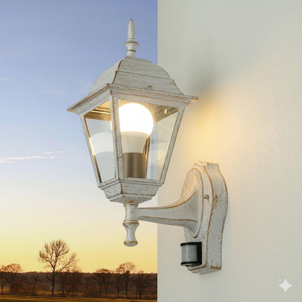 Außenwandleuchte mit Bewegungsmelder "Tirol" Weiß Gold Landhausstil E27 Rustikale Wandlampe Haus