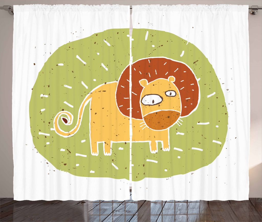 ABAKUHAUS Löwe Rustikaler Gardine, Zoo-Tier-Kinderkunst, Schlafzimmer Kräuselband Vorhang mit Schlaufen und Haken, 280 x 245 cm, Mehrfarbig