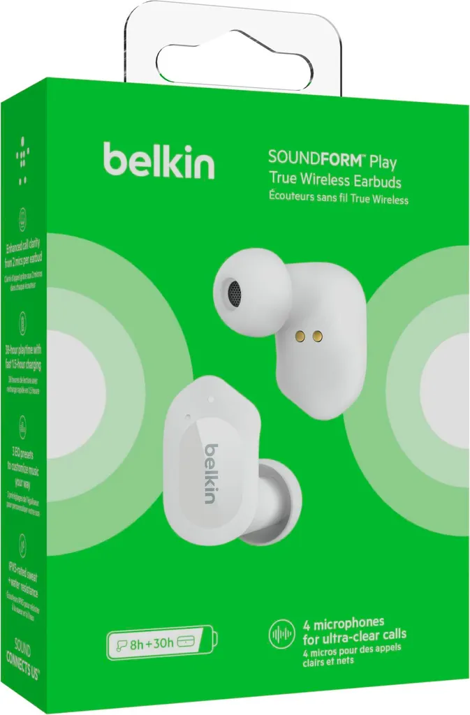 Écouteurs Belkin SOUNDFORM Play Blanc Idéal pour le Sport et les Appels