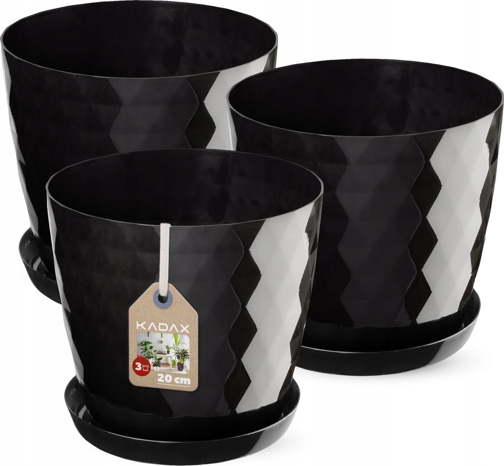 KADAX Blumentöpfe aus Kunstsoff "Amily", Topf mit Untersetzer. Pflanzkübel, 20 cm, Schwarz, 3 Stück