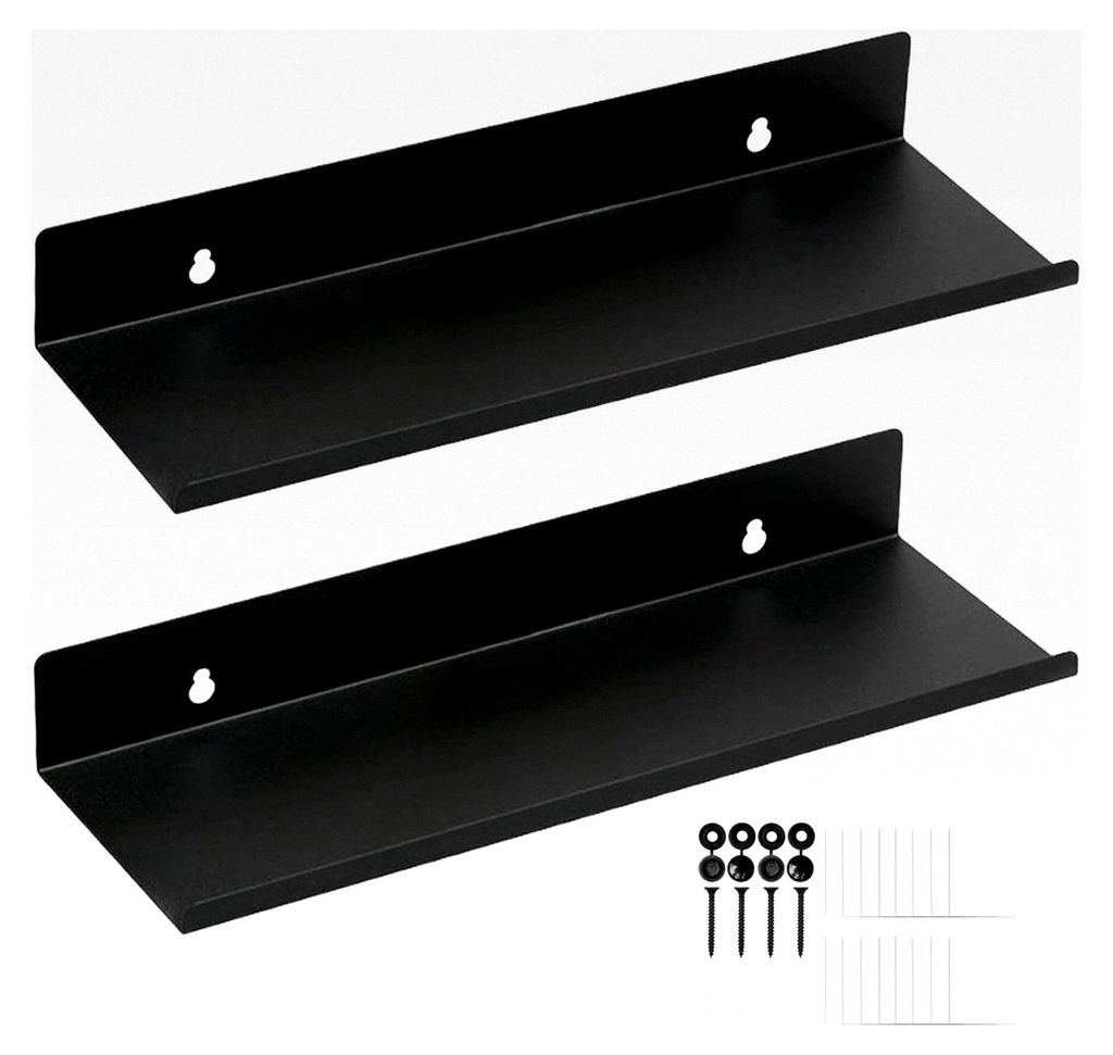 2 Stück 30 cm Wandregal Metall Schwarz mit Schraube und Klebeaufkleber für Wohnzimmer, Küche, Bad, Schlafzimmer, Büro, Kinderzimmer