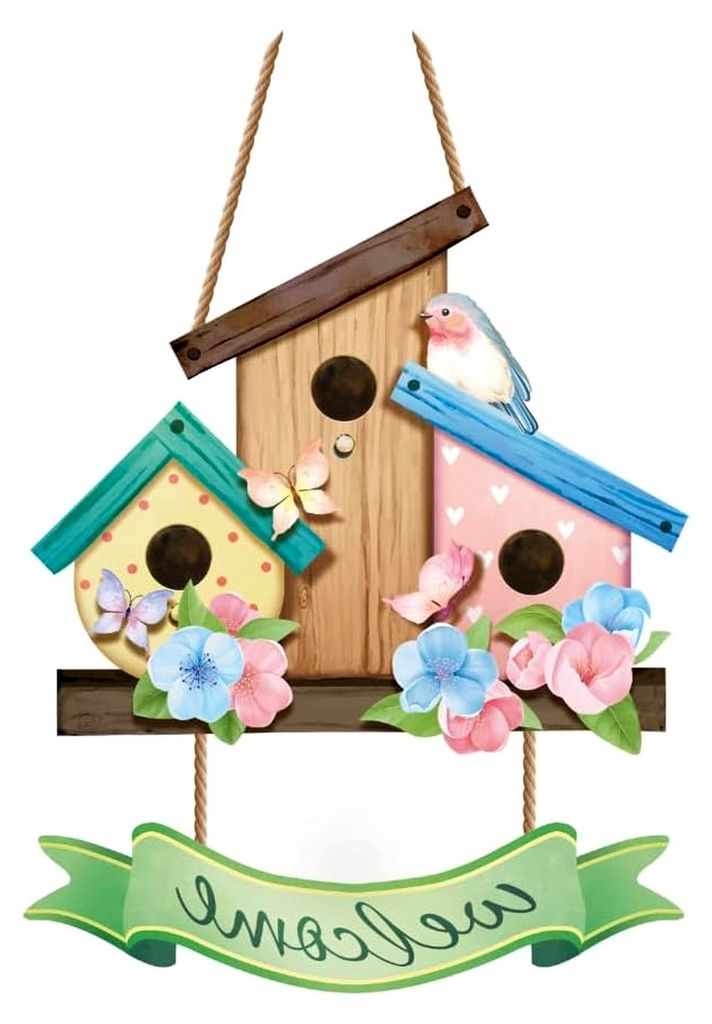 Willkommensschild für die Haustür im Frühling, mit Blumen und Tauben aus Holz (29x20x0,5 cm), Dekoration für das Zuhause