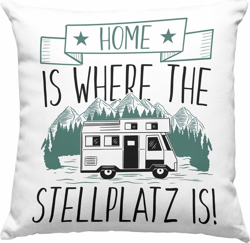 Trendation - Home Is Where The Stellplatz Is Deko-Kissen mit Füllung 40x40 Geschenk Wohnmobil Camper Wohnmobilfahrer Geschenkidee Lustig (Grün)