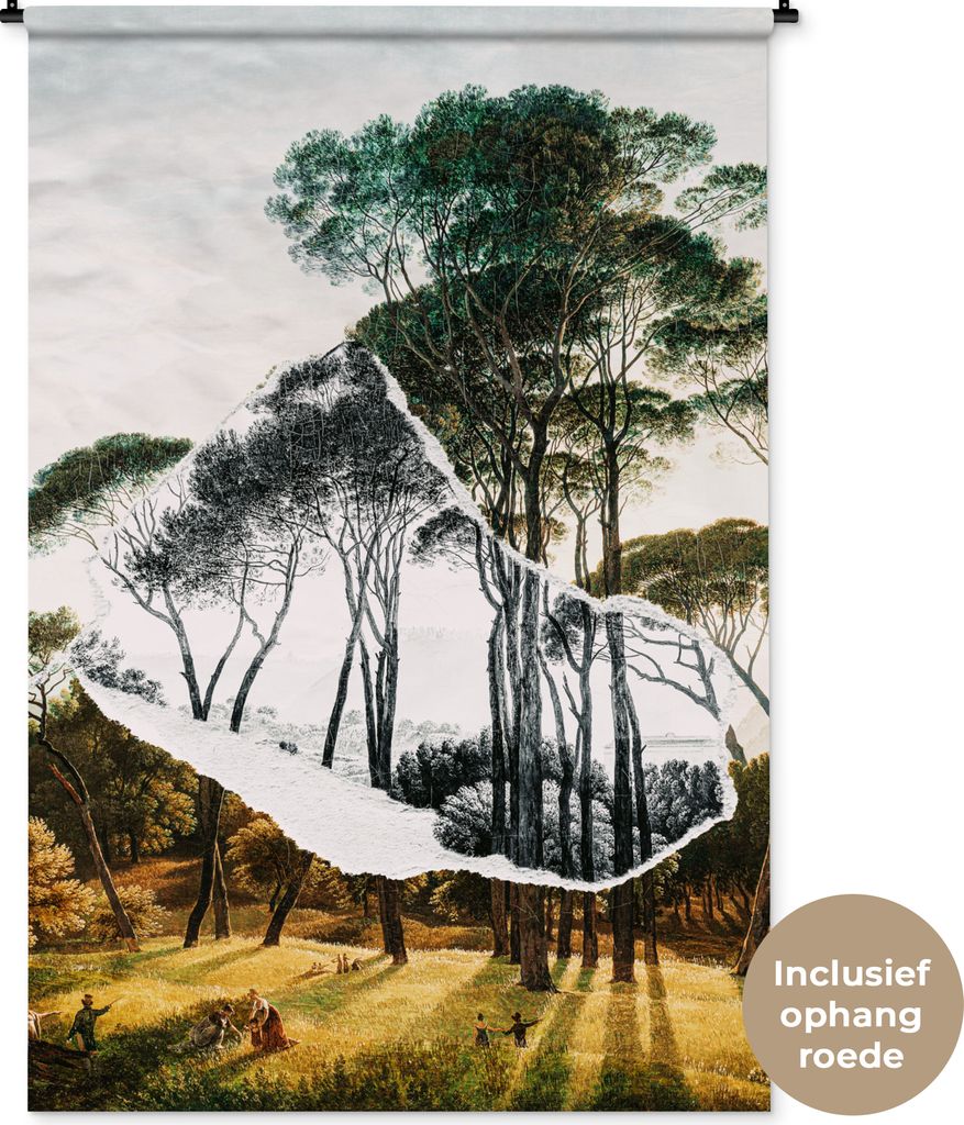 MuchoWow Wandteppich Wandbehang Italienische Landschaft Schirmkiefern - Kunst - Hendrik Voogd - Malerei - Schwarz-Weiß - Alte Meister 120x180 cm...