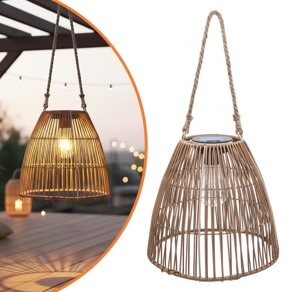 Solar Laterne Rattan Optik mit LED Glühbirne und Kordel zum Hängen - 24 cm - Vintage Hängelampe warm weiß beleuchtet für Außen