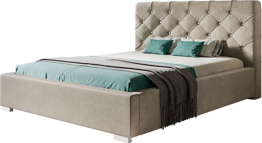 Polsterbett Boston mit Kopfteil, 140x200 cm, Doppelbett mit Bettkasten und Lattenrost aus Holz, Velourstoff, Farbe: Beige