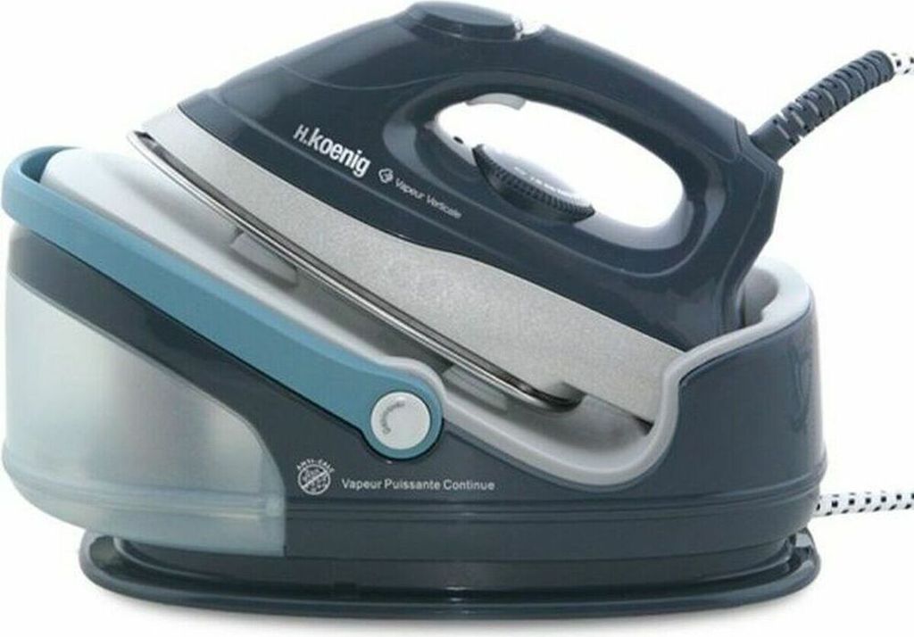 A steam iron and its base are shown on a white background.