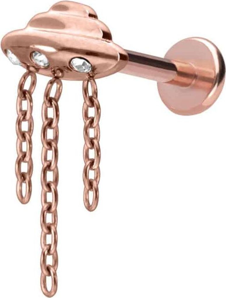Ohrpiercing, Nasenpiercing Titan Labret mit Push Fit UFO + KETTE + KRISTALLE RoséGold Stablänge: 10mm | Stabstärke: 1,2mm