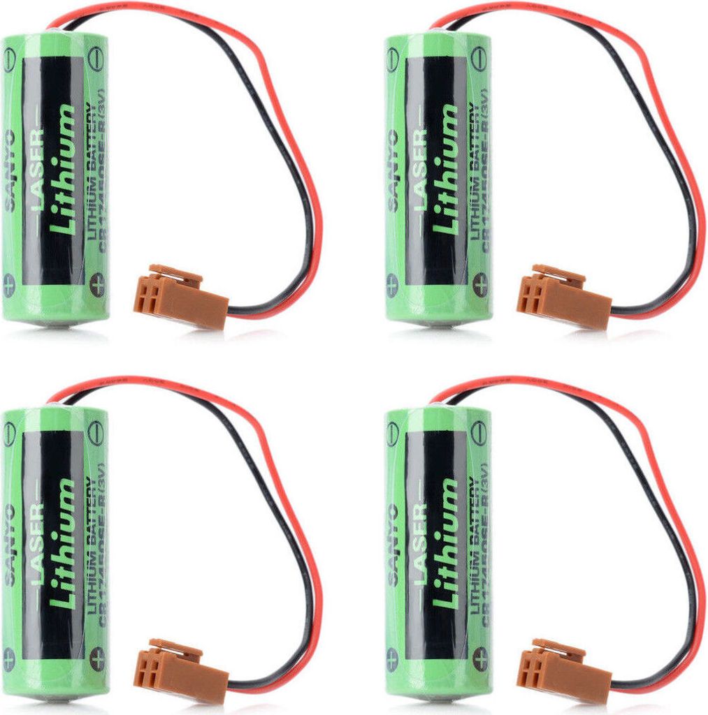 Four green lithium batteries with wires and connectors are arranged in a grid on a white background.