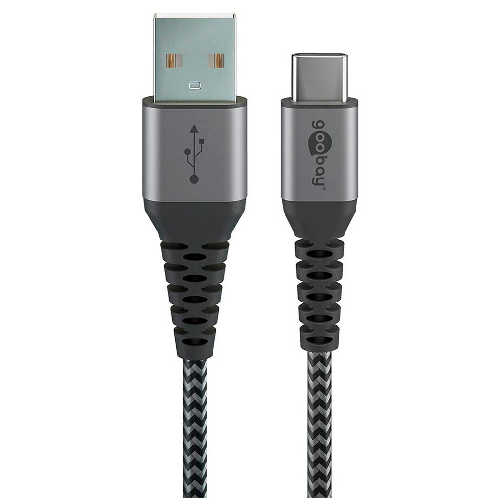 Cavo tessile da USB-C™ a USB-A con spine in metallo (grigio Immagine del prodotto 