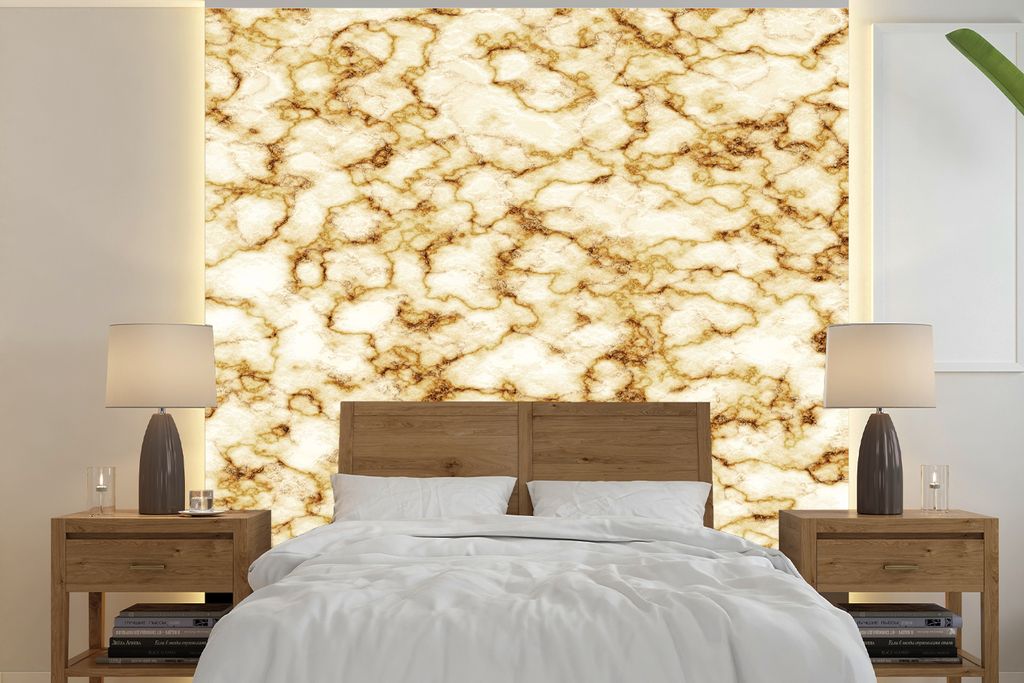 MuchoWow Fototapete für Wohnzimmer oder Schlafzimmer Wandtapete Vinyl Motivtapete Marmor - Weiß - Braun - 350x350 cm - Schlafzimmertapete