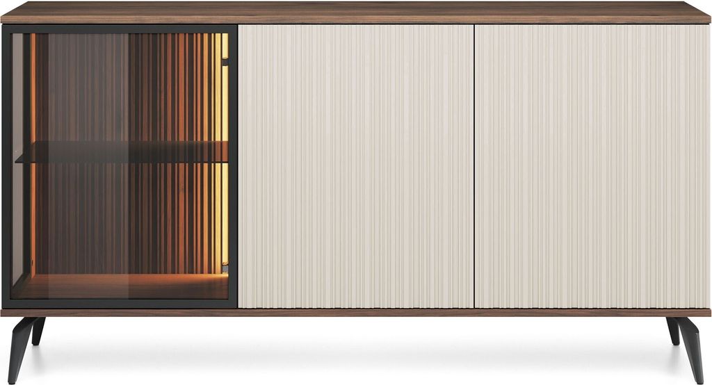 A modern sideboard with a glass-fronted section and two solid doors.