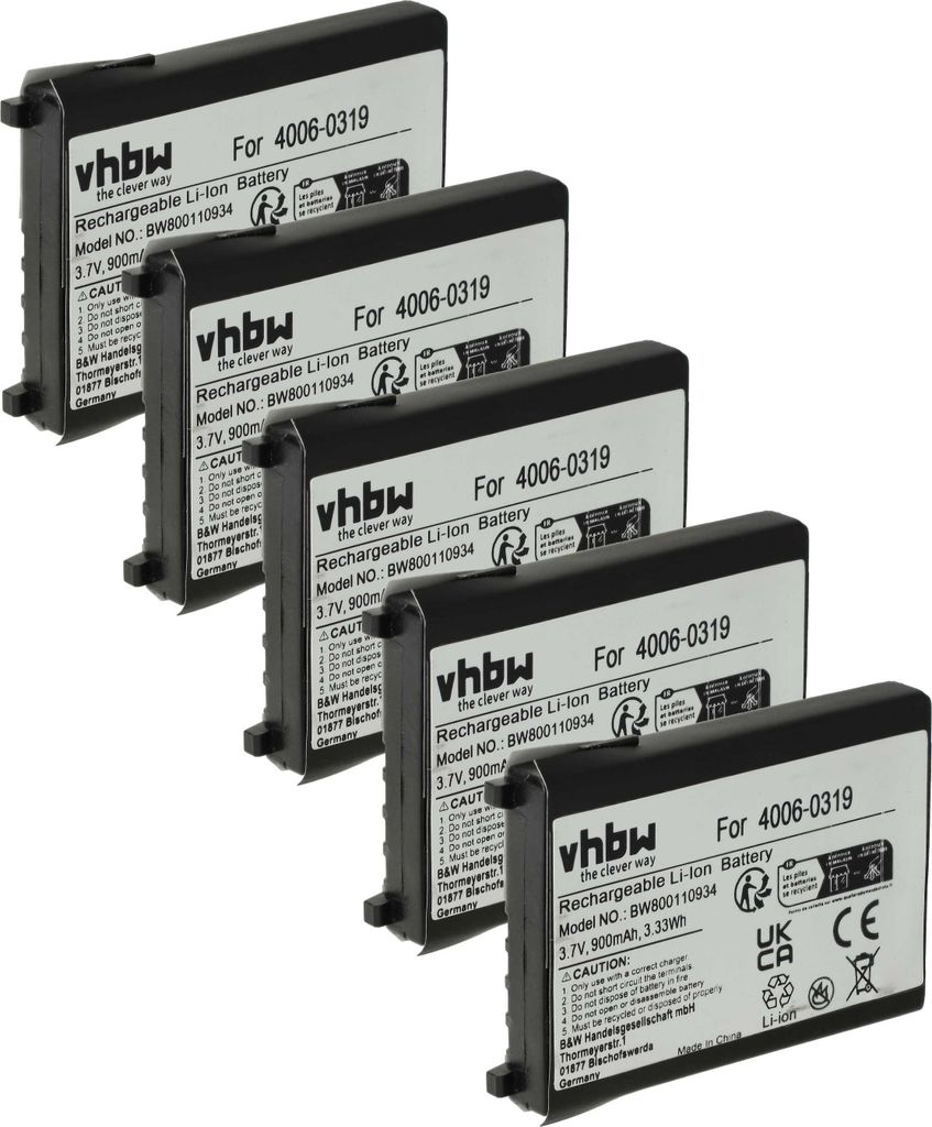 vhbw 5x Akku kompatibel mit Unitech PT630D, HT630, PT630, HT650, PT650 Barcodescanner POS (900 mAh, 3,7 V, Li-Ion)