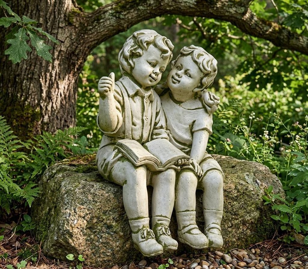 Statue Figur Kinder auf Bank Statuen Figuren Skulptur Skulpturen Garten Deko
